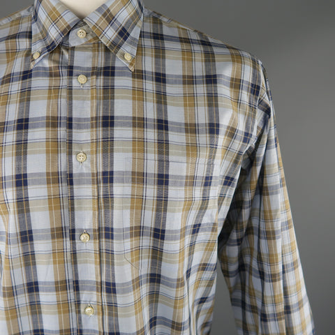 LUCIANO BARBERA Size L Light Blue Plaid Cotton Long Sleeve Shirt