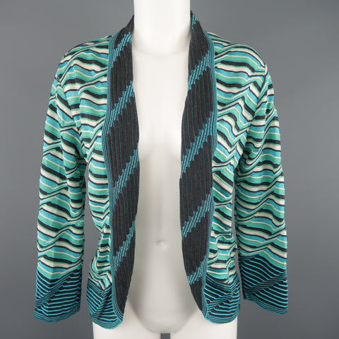 M MISSONI Size 10 Blue & Green Wool / Viscose Textured Print Knit Cardigan