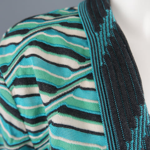 M MISSONI Size 10 Blue & Green Wool / Viscose Textured Print Knit Cardigan