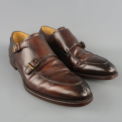 MAGNANNI Size 12 Brown Antique Leather Double Monk Strap Loafers