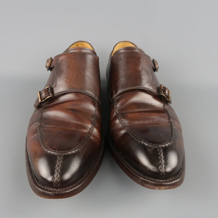 MAGNANNI Size 12 Brown Antique Leather Double Monk Strap Loafers