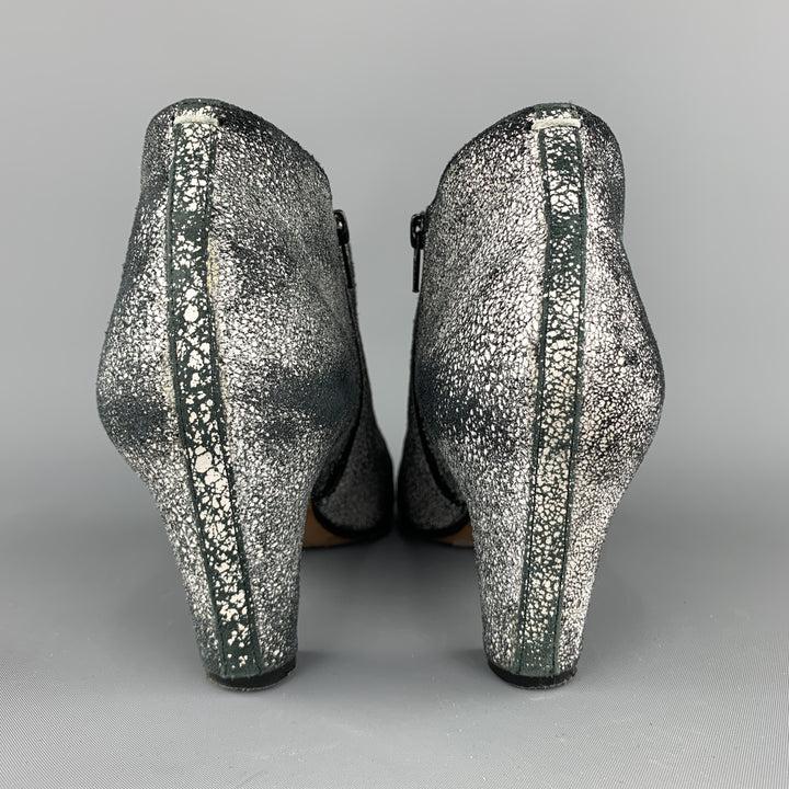 MAISON MARTIN MARGIELA Size 7 Black & White Painted Crackle Suede Peep Toe Boots