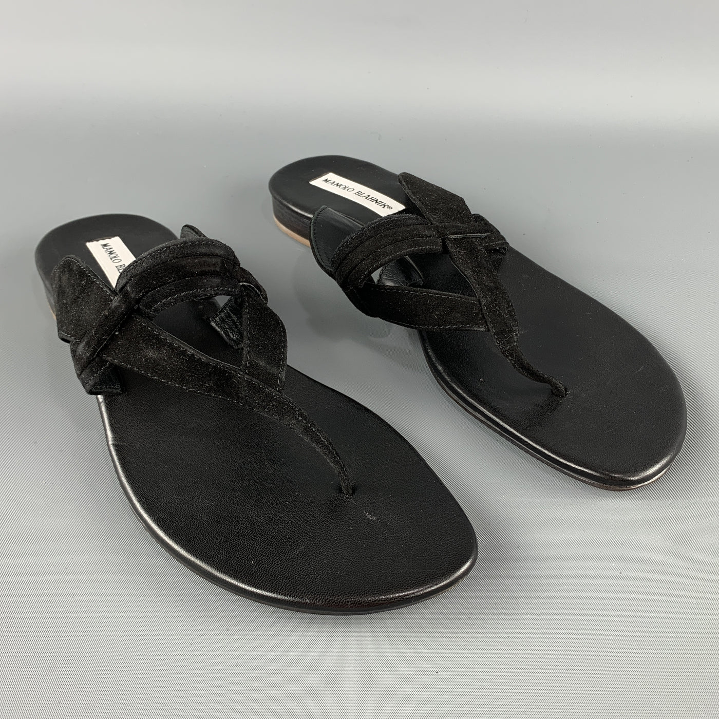 MANOLO BLAHNIK Size 11 Black Suede Straps Thong Flat Sandals