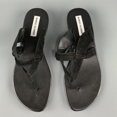 MANOLO BLAHNIK Size 11 Black Suede Straps Thong Flat Sandals