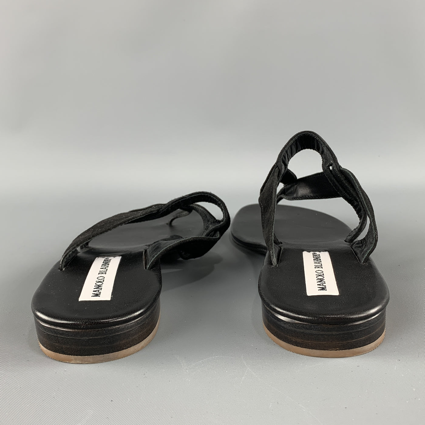 MANOLO BLAHNIK Size 11 Black Suede Straps Thong Flat Sandals
