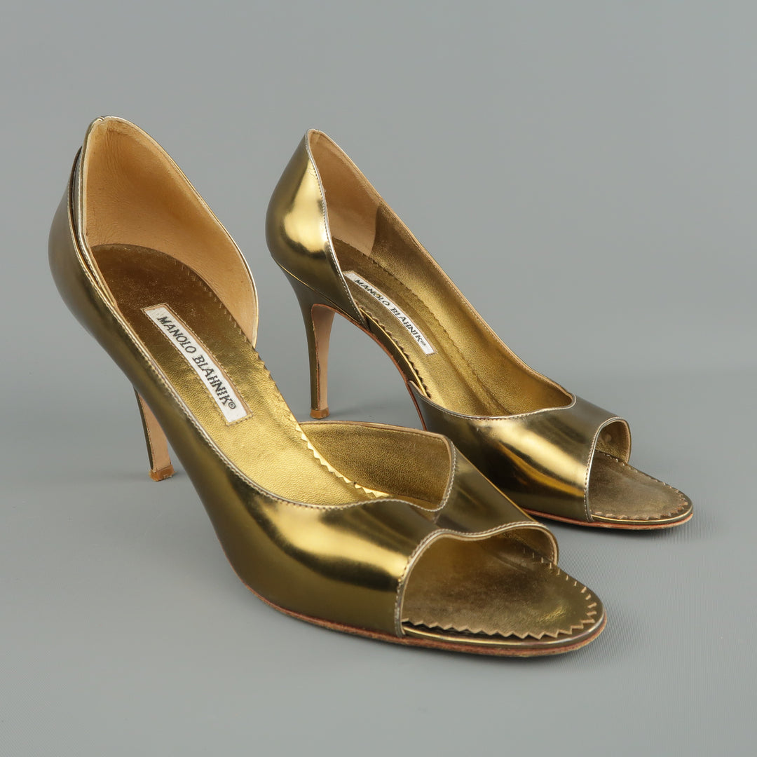 MANOLO BLAHNIK Size 11 Gold Metallic Patent Leather Peep Toe D'Orsay Pumps
