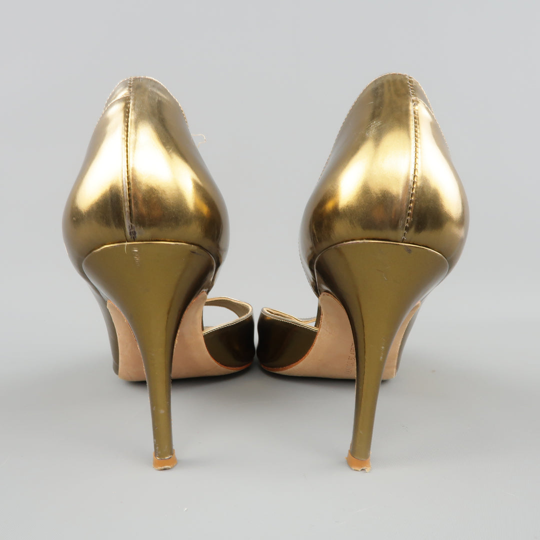 MANOLO BLAHNIK Size 11 Gold Metallic Patent Leather Peep Toe D'Orsay Pumps