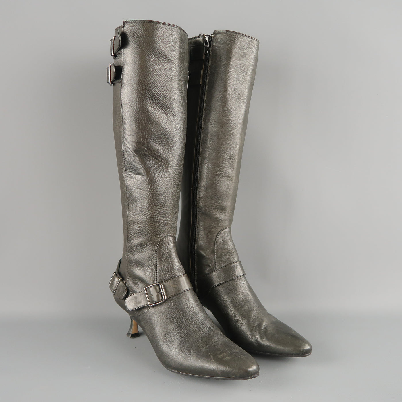MANOLO BLAHNIK Size 6.5 Slate Gray Leather Pointed Knee High Boots