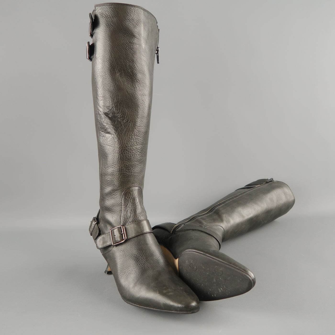 MANOLO BLAHNIK Size 6.5 Slate Gray Leather Pointed Knee High Boots