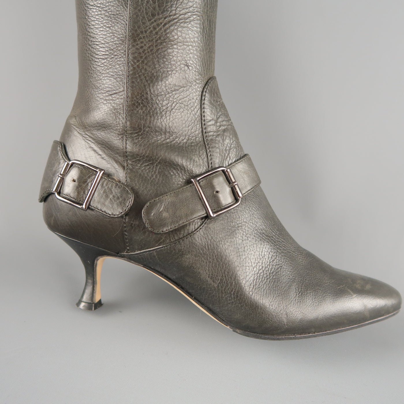 MANOLO BLAHNIK Size 6.5 Slate Gray Leather Pointed Knee High Boots