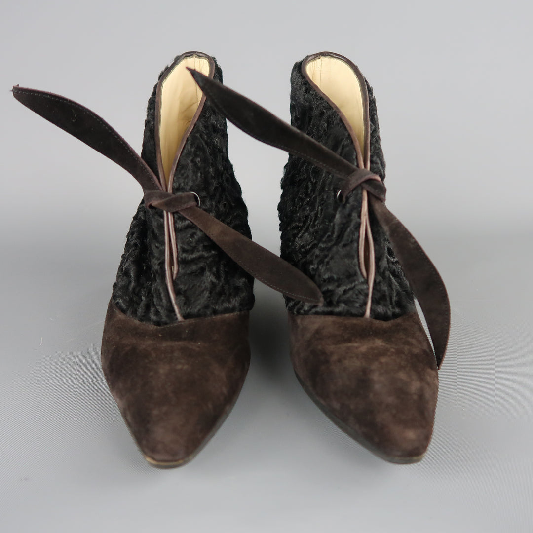 MANOLO BLAHNIK Size 7 Brown Suede & Lamb Tie Boots