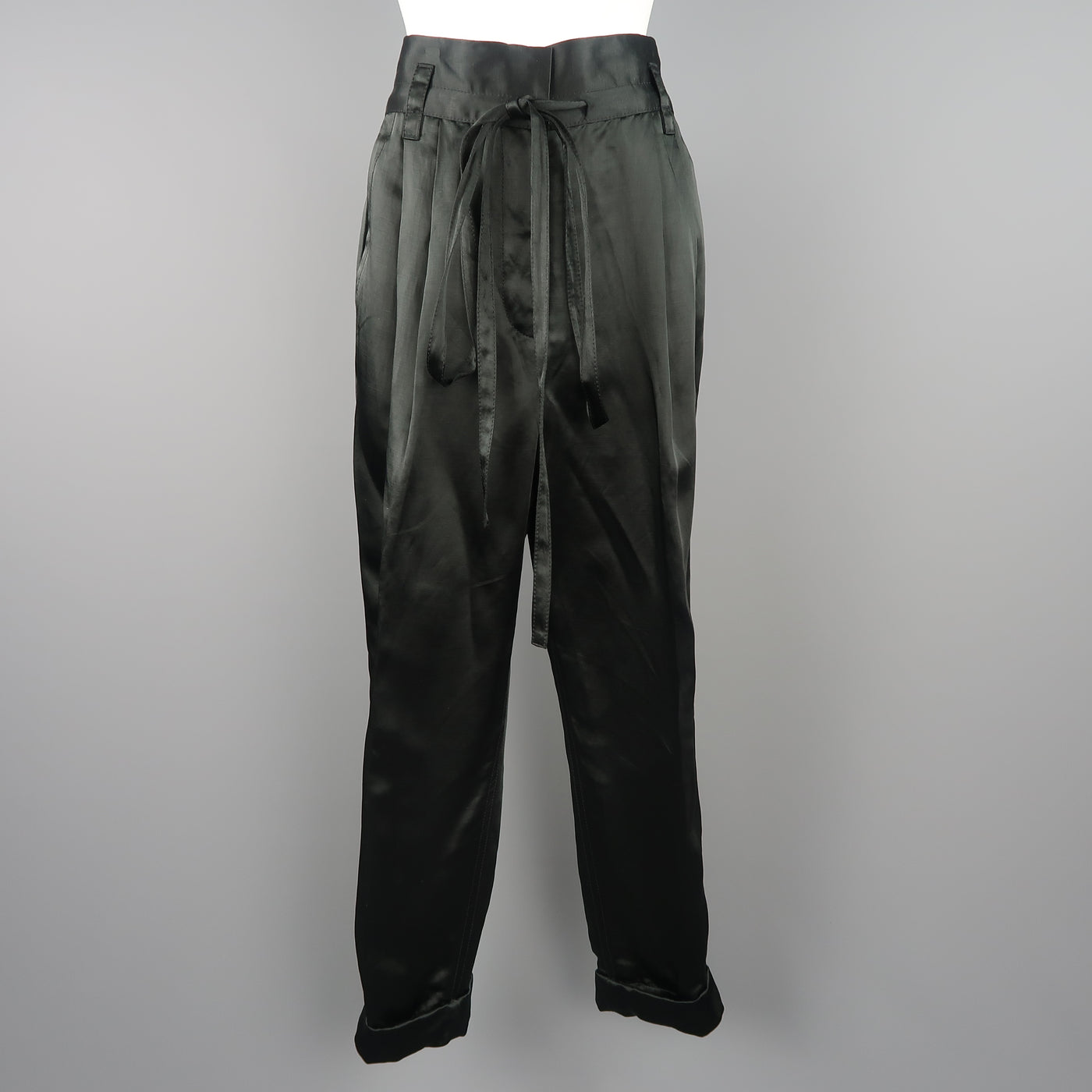 MARC JACOBS Size 4 Black Linen Blend Satin Pleated Cuffed Pants