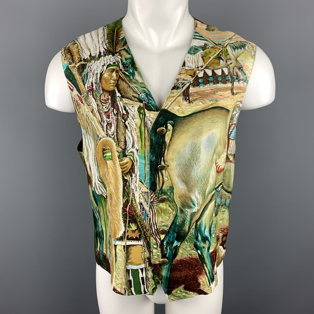MARGUERITE 42 Olive Print Silk Buttoned Vest / Waistcoat