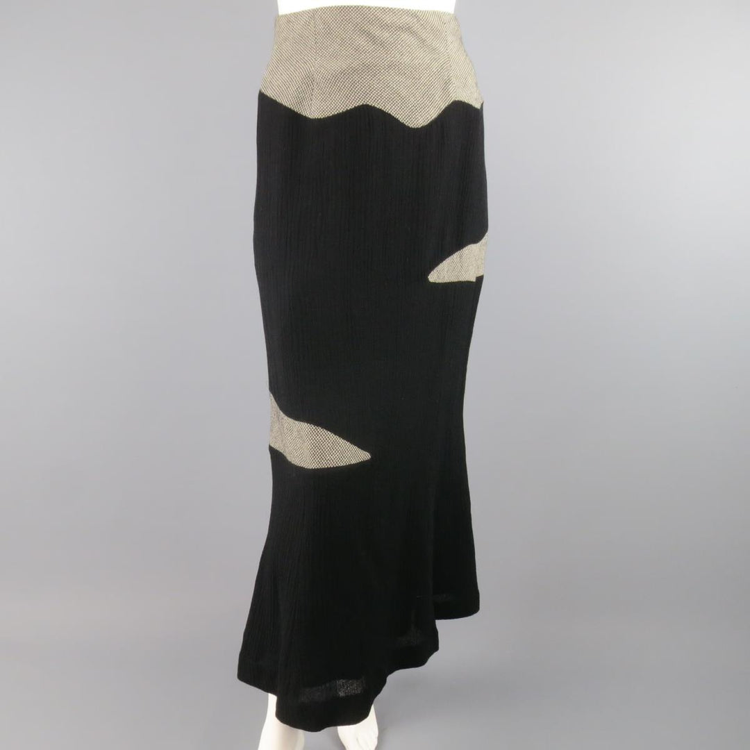 MATSUDA Size 4 Black Textured Wool / Nylon & Houndstooth Flare Skirt