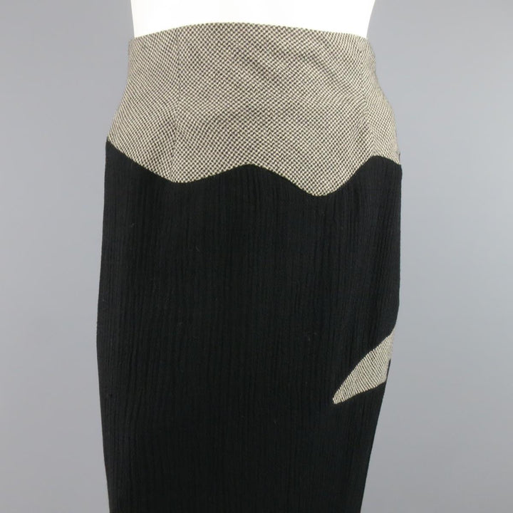 MATSUDA Size 4 Black Textured Wool / Nylon & Houndstooth Flare Skirt