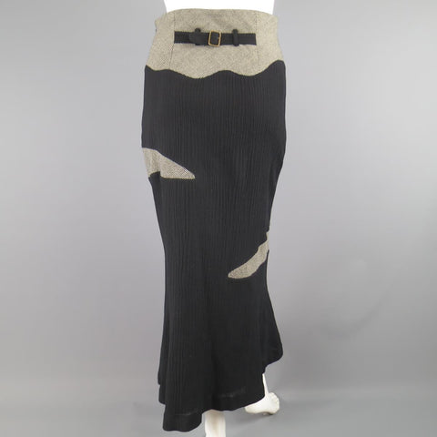 MATSUDA Size 4 Black Textured Wool / Nylon & Houndstooth Flare Skirt