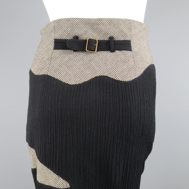MATSUDA Size 4 Black Textured Wool / Nylon & Houndstooth Flare Skirt