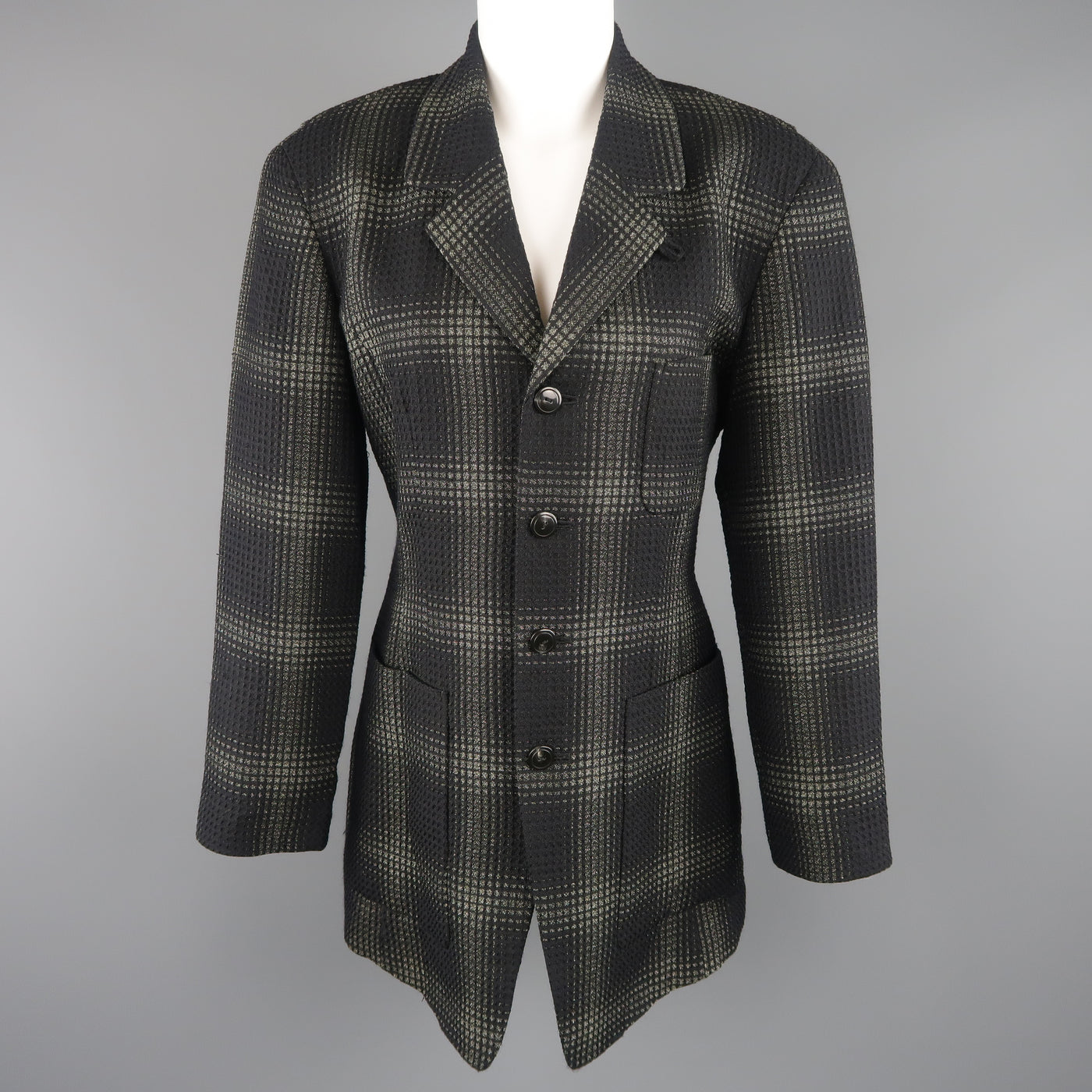 MATSUDA Size L Black &  Moss Green Plaid Wool / Silk Jacket Coat