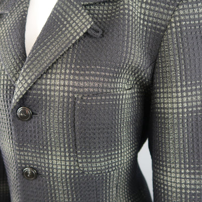 MATSUDA Size L Black &  Moss Green Plaid Wool / Silk Jacket Coat