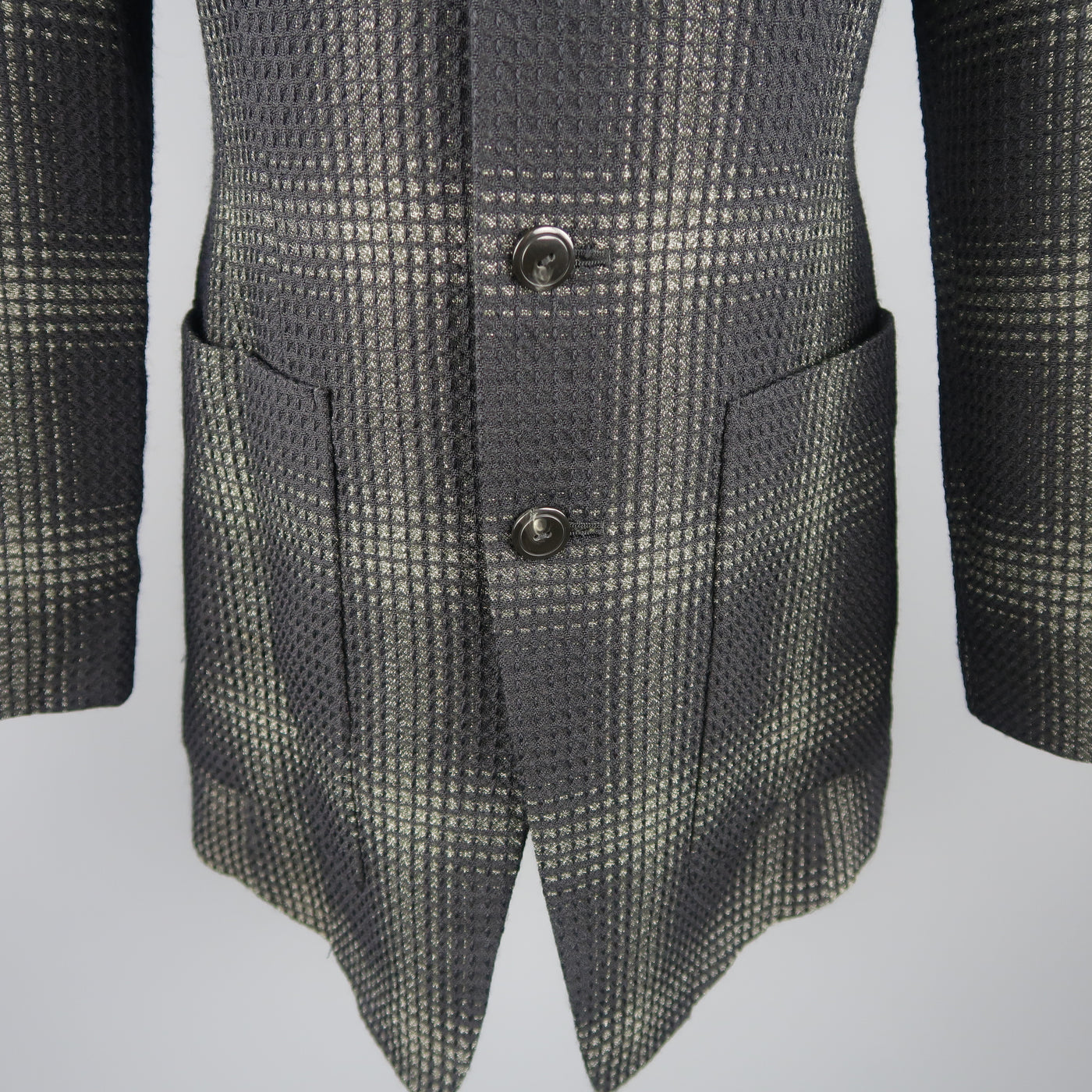 MATSUDA Size L Black &  Moss Green Plaid Wool / Silk Jacket Coat