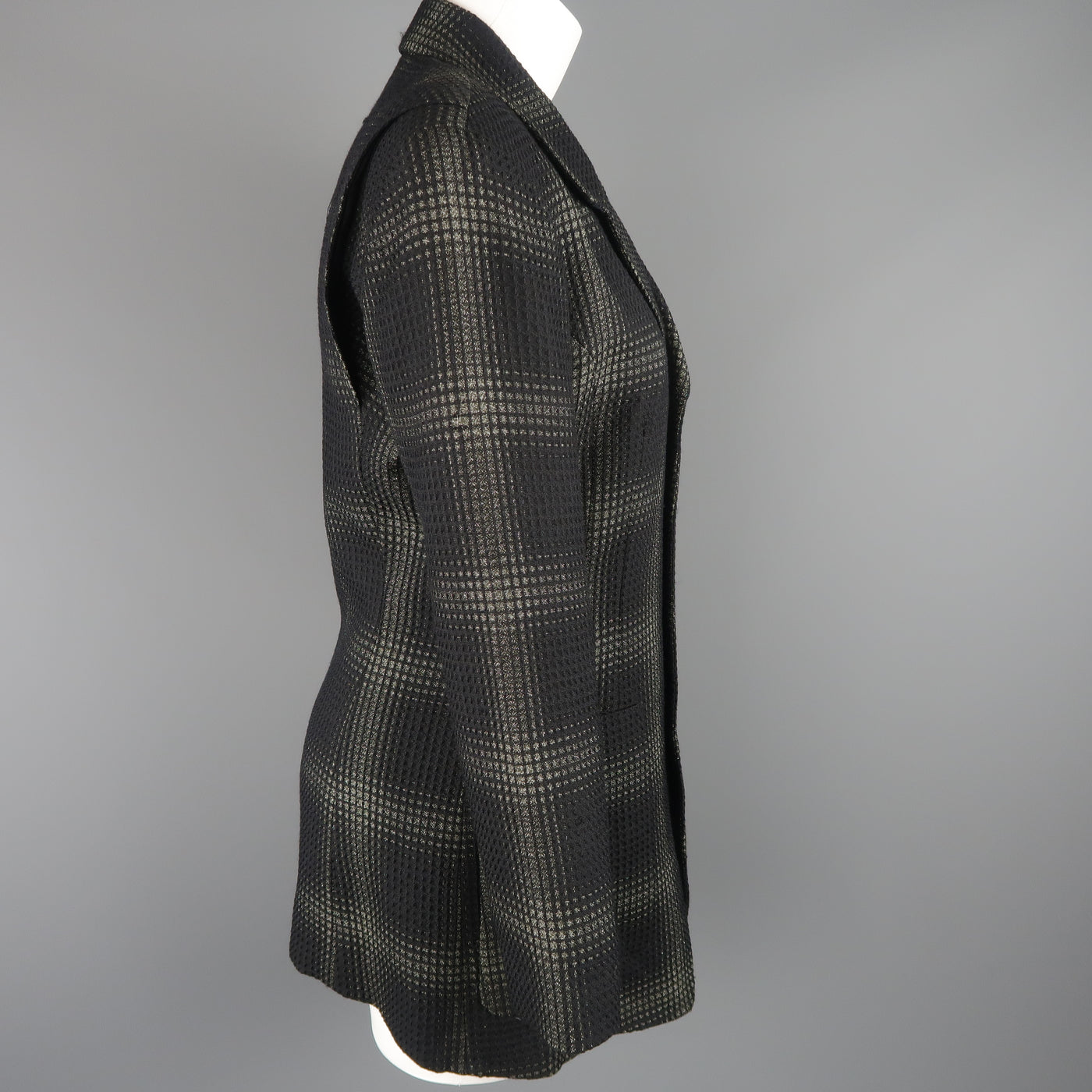 MATSUDA Size L Black &  Moss Green Plaid Wool / Silk Jacket Coat