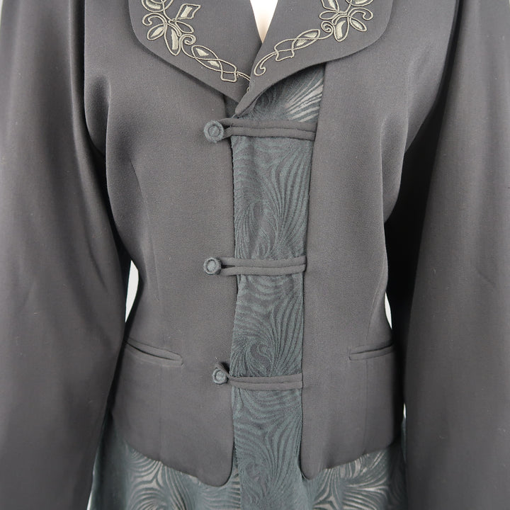 MATSUDA Size M Black Embroidered Lapel Moire Burnout Peplum Jacket
