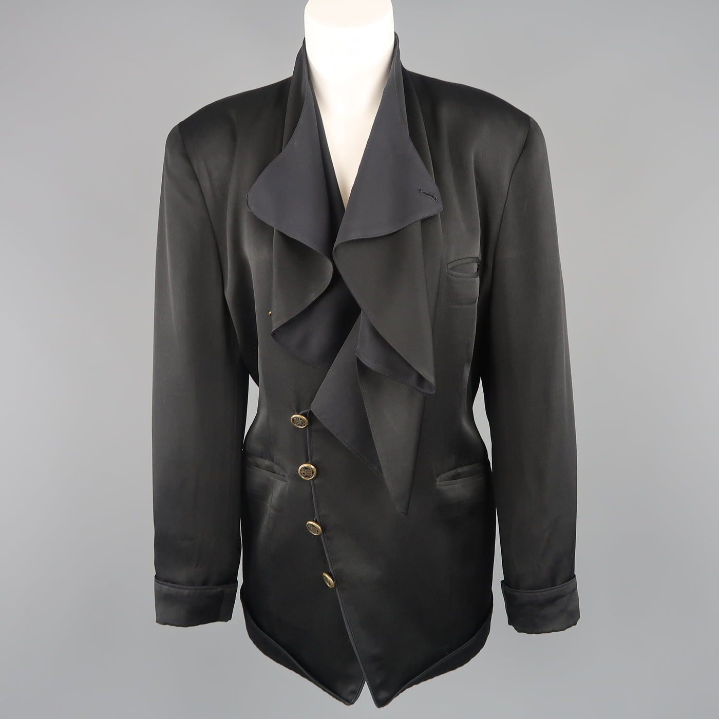 MATSUDA Size M Black Satin Draped Collar Double Breasted Jacket