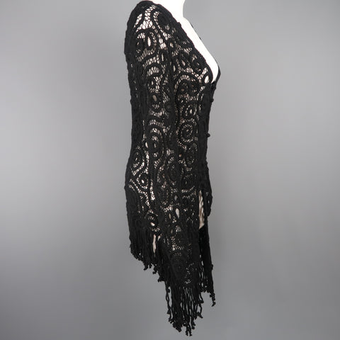 MATSUDA Size M Black Wool Crochet Fringe Cardigan