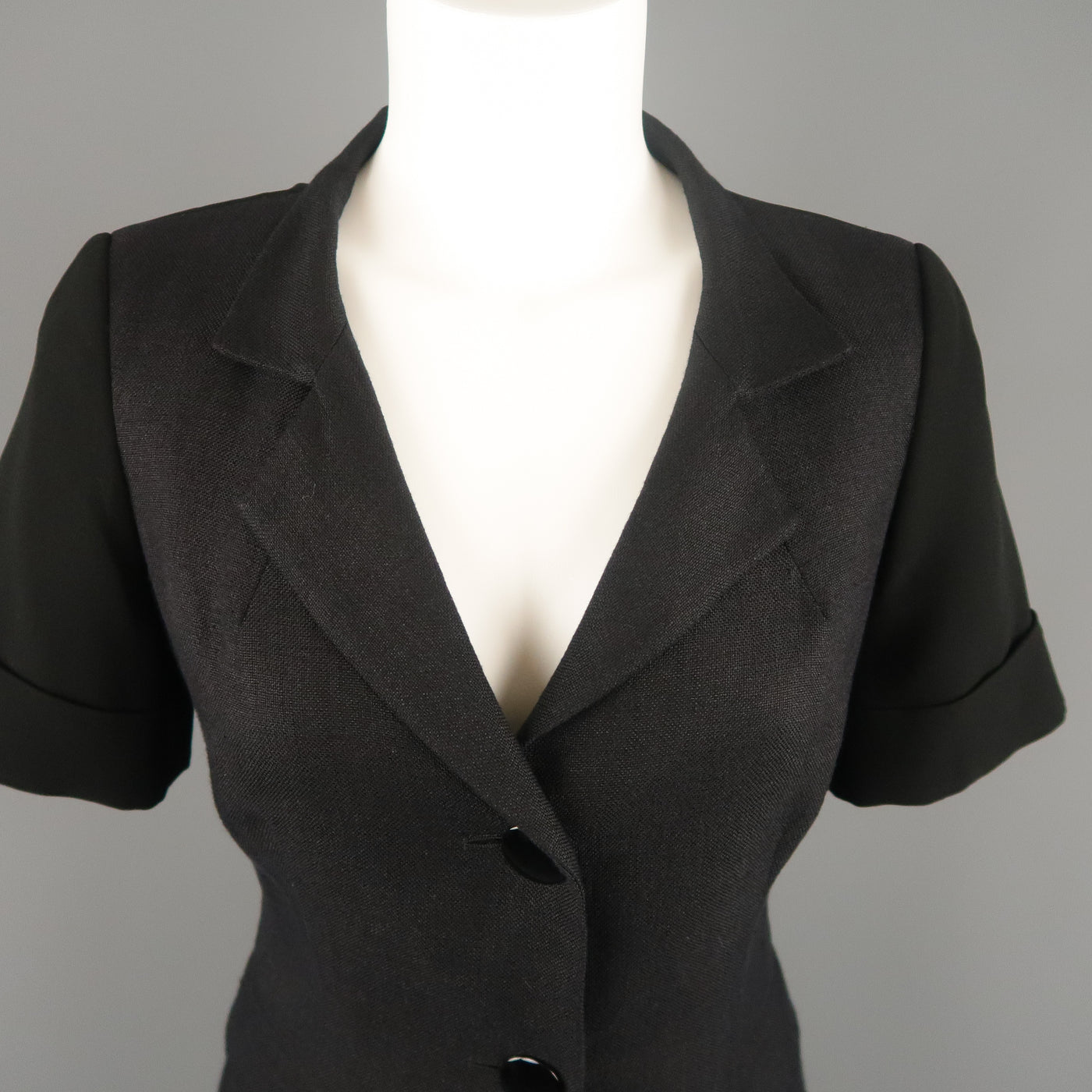 MAX MARA Size 4 Navy & Black Linen Short Sleeve Jacket