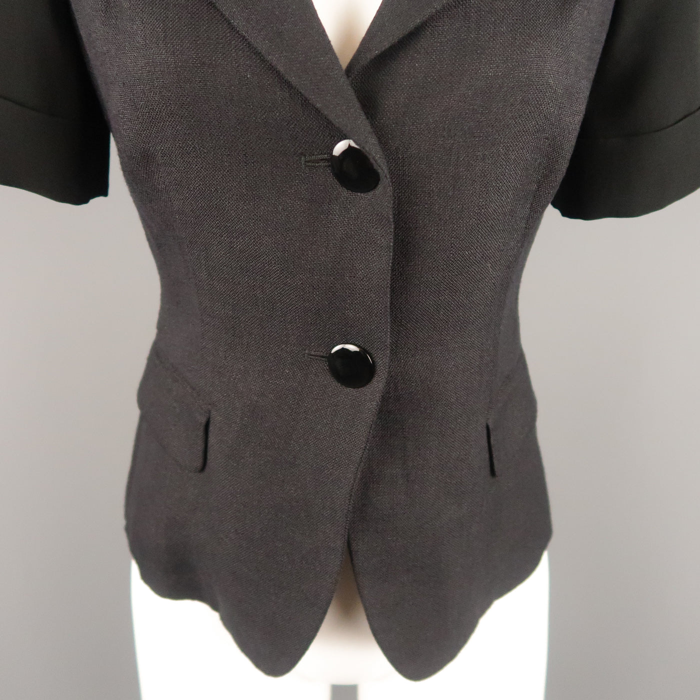 MAX MARA Size 4 Navy & Black Linen Short Sleeve Jacket