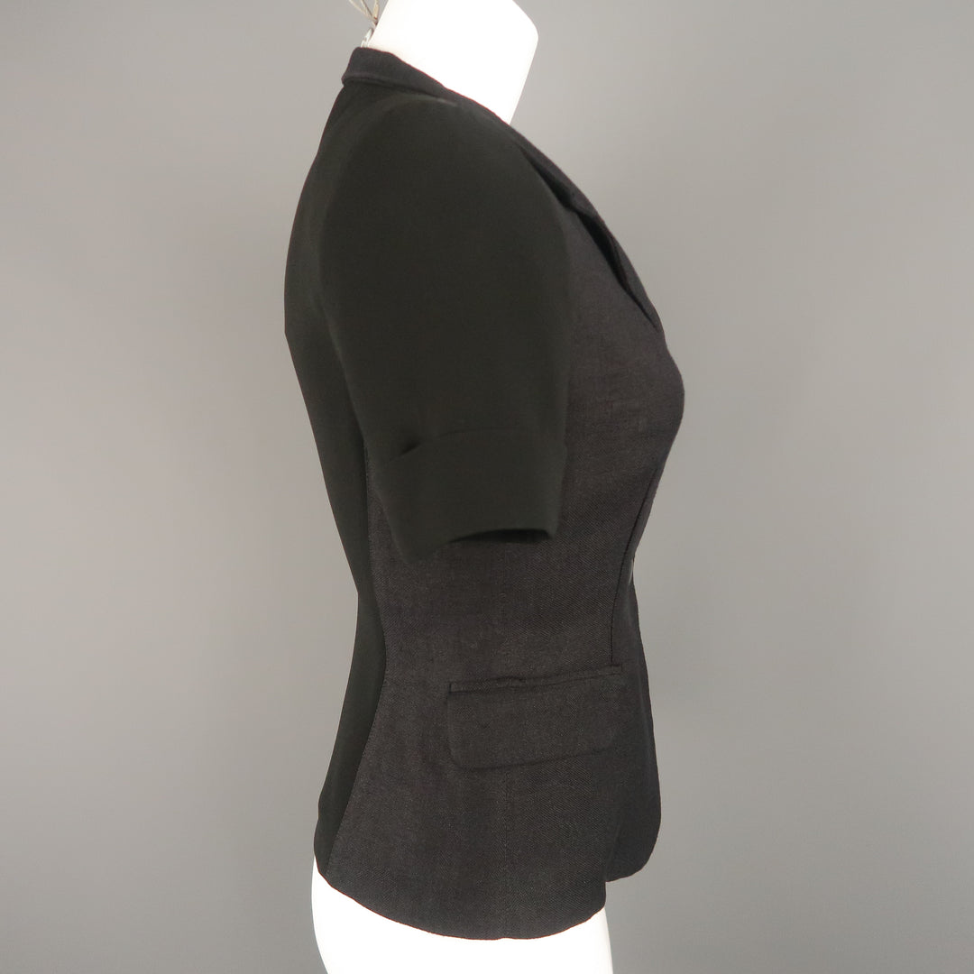 MAX MARA Size 4 Navy & Black Linen Short Sleeve Jacket