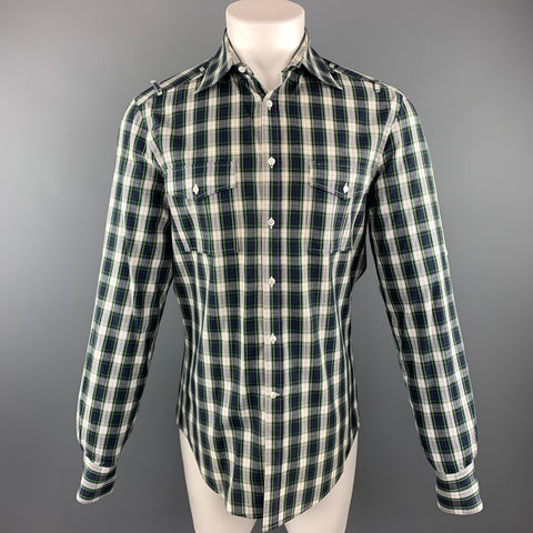 MICHAEL BASTIAN Size M Navy & White Plaid Cotton Button Up Long Sleeve Shirt