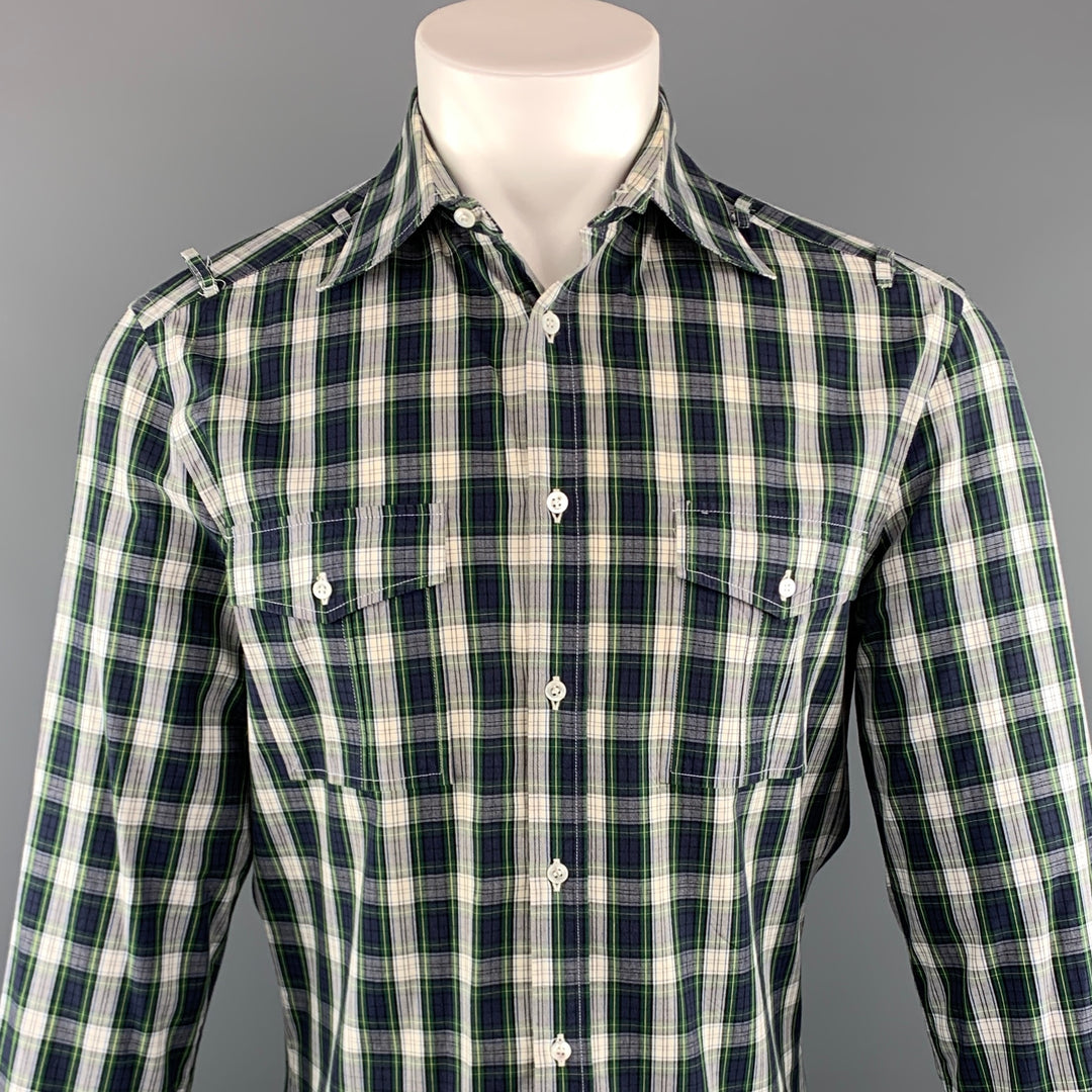 MICHAEL BASTIAN Size M Navy & White Plaid Cotton Button Up Long Sleeve Shirt