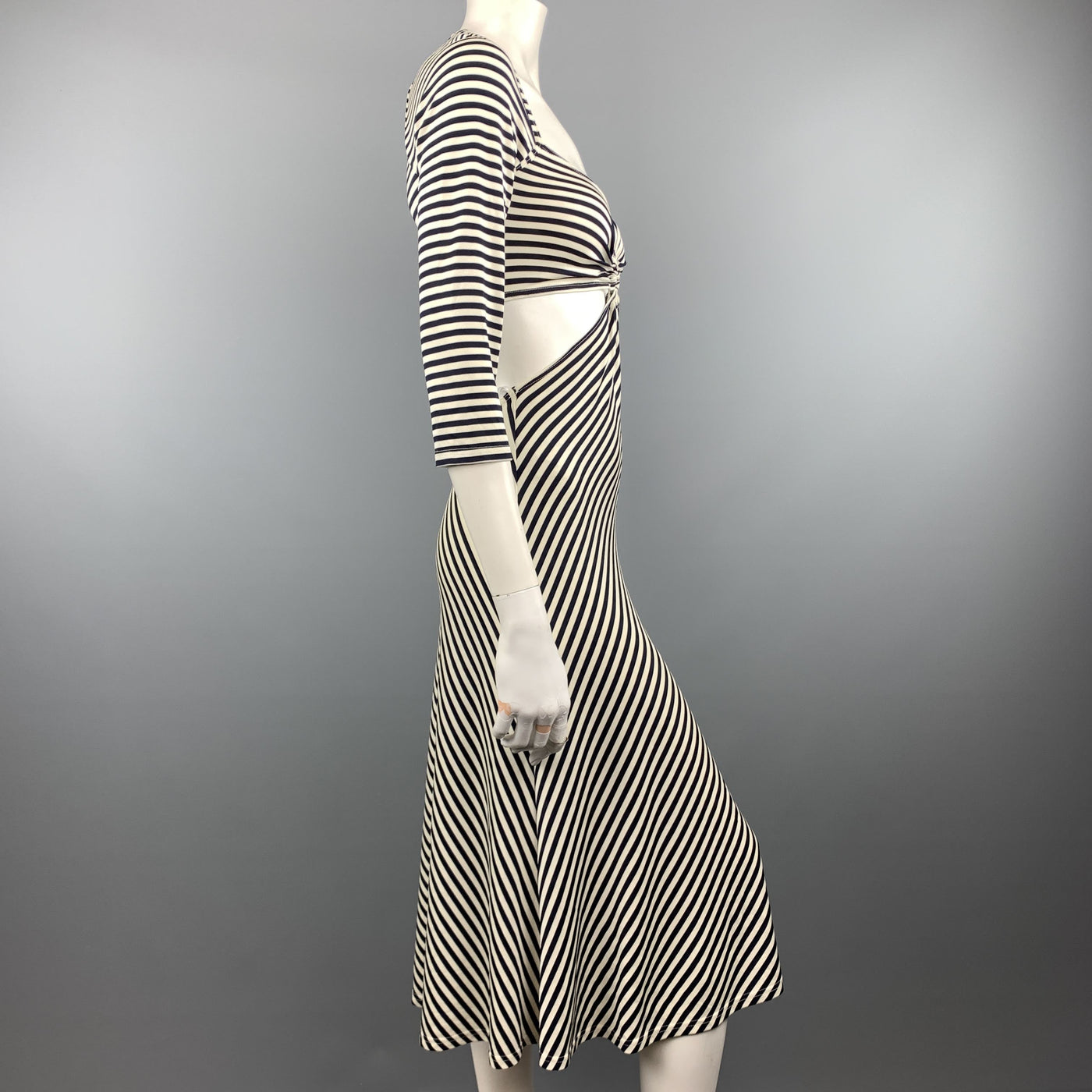 MICHAEL KORS Size 10 Navy & White Striped Cutout Hoop Dress