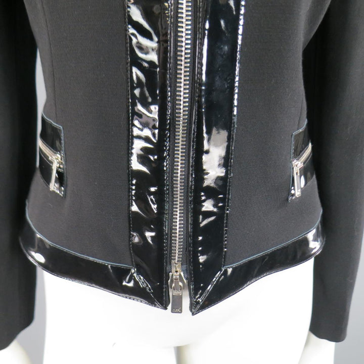 MICHAEL KORS Taille 8 Veste zippée en laine vierge noire et cuir verni 
