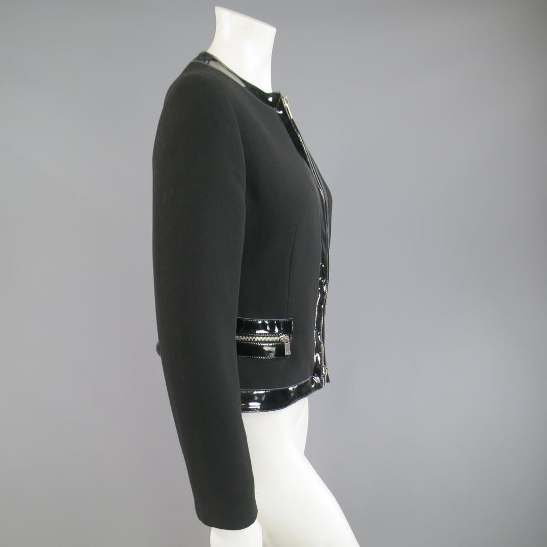 MICHAEL KORS Size 8 Black Virgin Wool & Patent Leather Zip Jacket