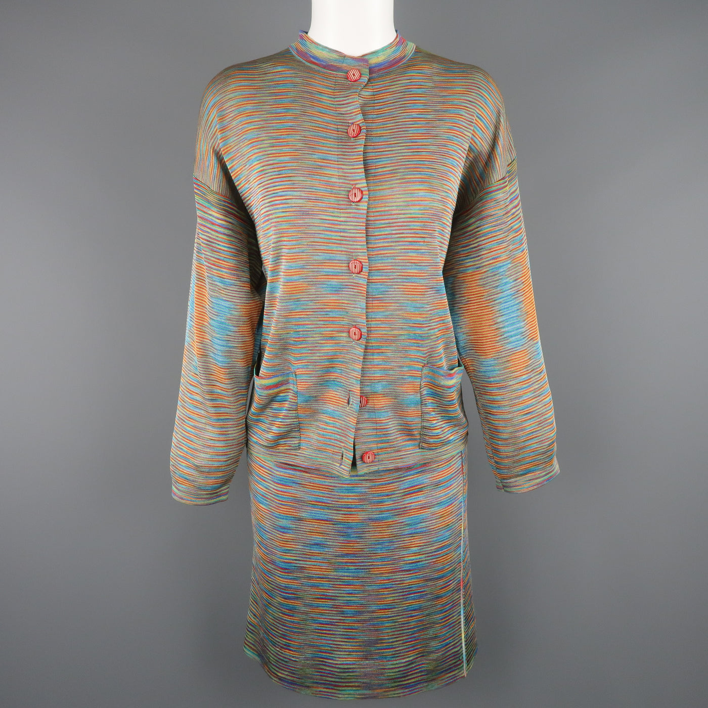 MISSONI Size 8 Multi-Color Rayon Knit Cardigan Skirt Set