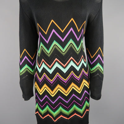 MISSONI Size L Black Multi-Color Chevron Silk Knit Long Sleeve Scoop Neck Dress
