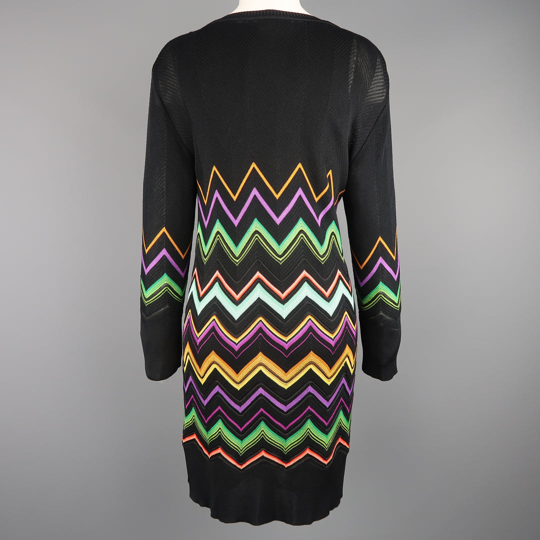 MISSONI Size L Black Multi-Color Chevron Silk Knit Long Sleeve Scoop Neck Dress Sui Generis Designer Consignment MISSONI Size L Black Multi-Color Chevron Silk Knit Long Sleeve Scoop Neck Dress Sui Generis Designer Consignment