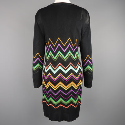 MISSONI Size L Black Multi-Color Chevron Silk Knit Long Sleeve Scoop Neck Dress