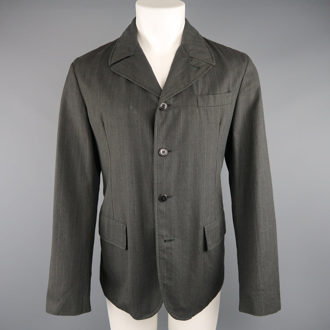 MIU MIU 40 Abrigo deportivo de 4 botones de lana / algodón a rayas carbón y azul
