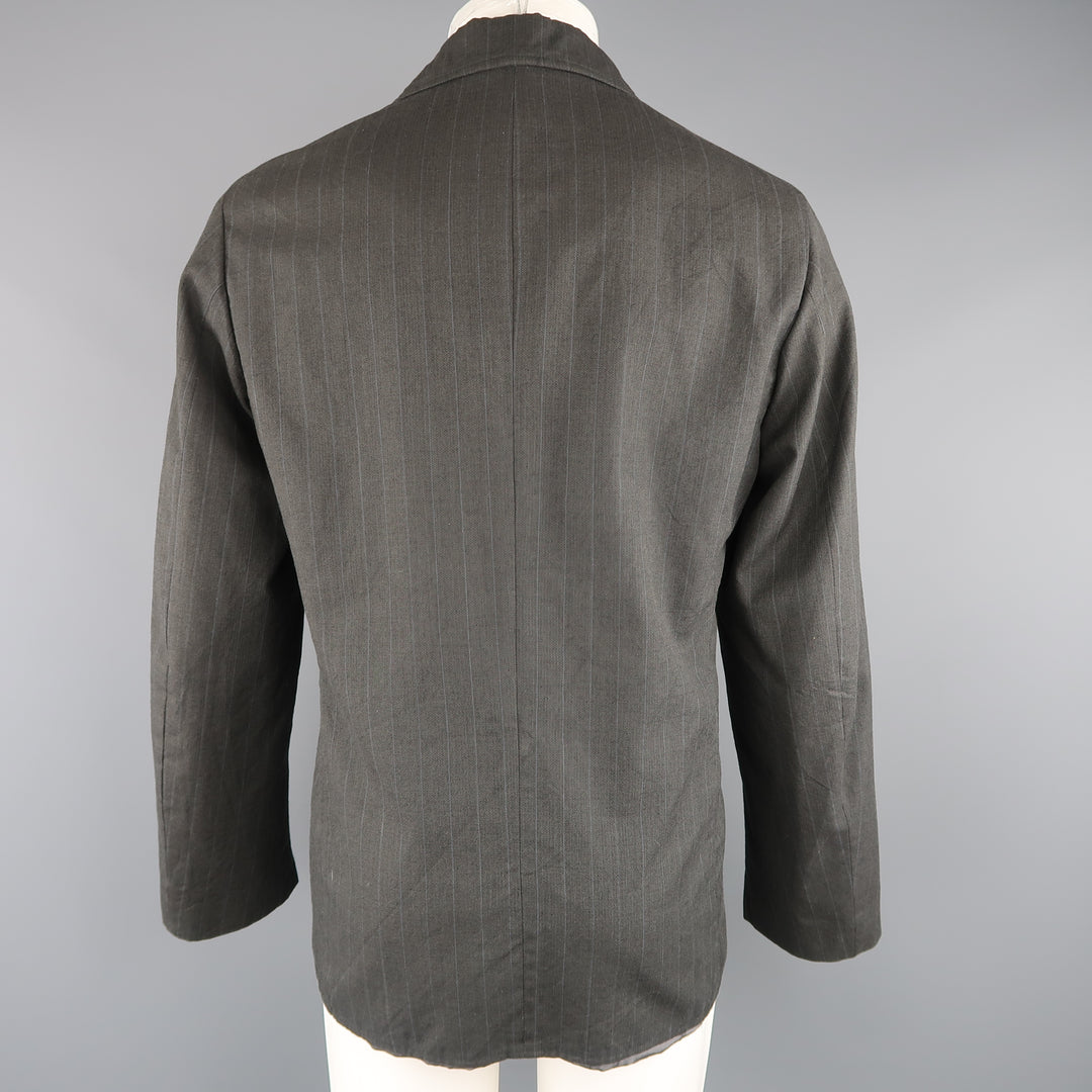 MIU MIU 40 Abrigo deportivo de 4 botones de lana / algodón a rayas carbón y azul