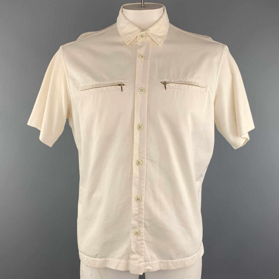 MONTANA Size L Off White Solid Cotton Button Up Short Sleeve Shirt
