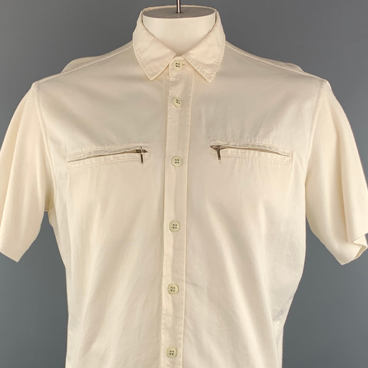 MONTANA Size L Off White Solid Cotton Button Up Short Sleeve Shirt