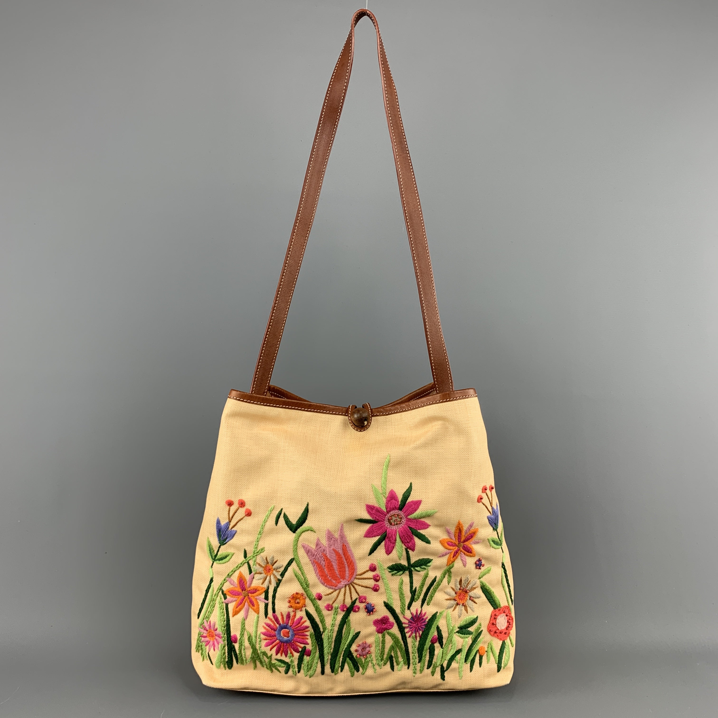 MOSCHINO Beige Floral Embroidered Canvas & Tan Leather Handbag