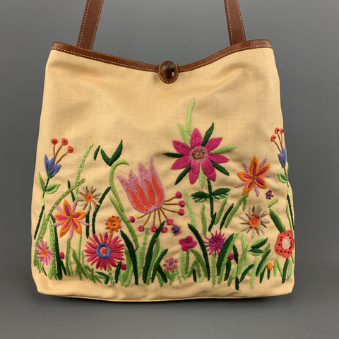 MOSCHINO Bolso de mano de lona con bordado floral beige y cuero tostado