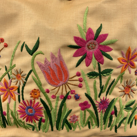 MOSCHINO Beige Floral Embroidered Canvas & Tan Leather Handbag