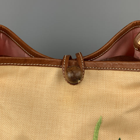MOSCHINO Beige Floral Embroidered Canvas & Tan Leather Handbag
