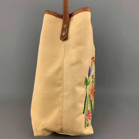 MOSCHINO Beige Floral Embroidered Canvas & Tan Leather Handbag