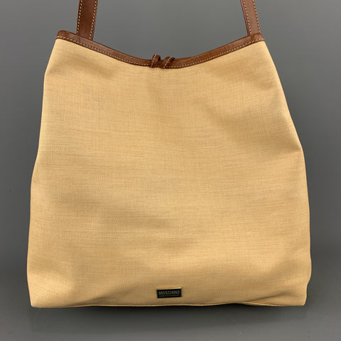 MOSCHINO Beige Floral Embroidered Canvas & Tan Leather Handbag